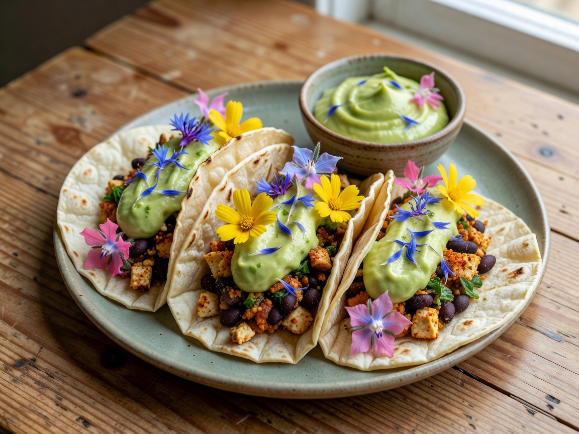 Artisanal vegan tacos topped with fresh avocado cream and edible meadow flowers