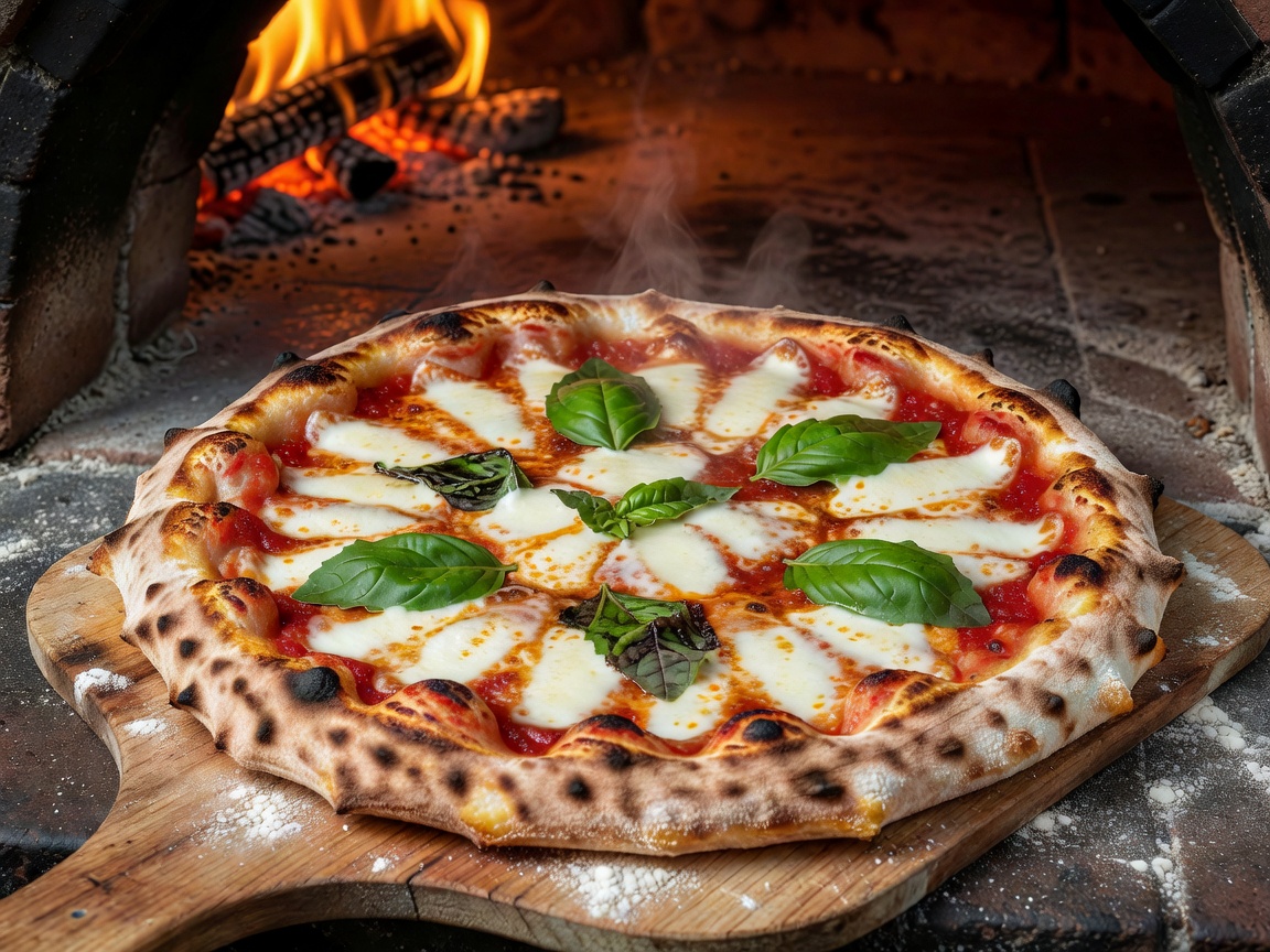 Authentic wood-fired Neapolitan pizza with fresh basil and melted mozzarella