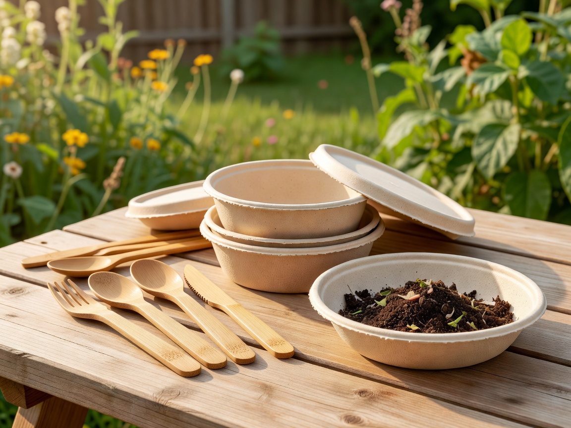 Reusable bamboo bowls and compostable dining gear at outdoor festival