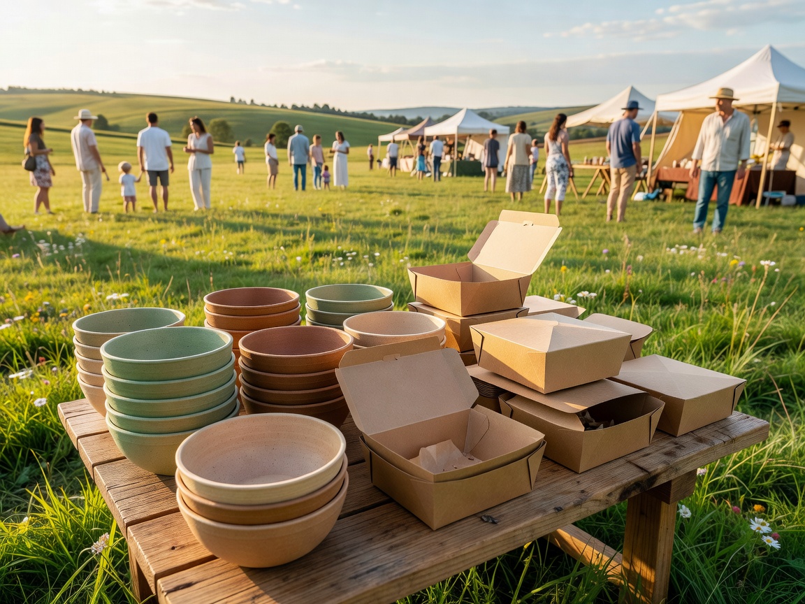 Eco friendly reusable bowls and compostable food boxes at a outdoor green meadow event