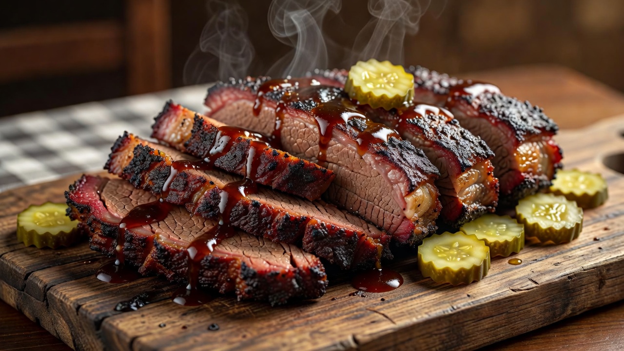 Juicy smoked brisket platter with BBQ sauce and pickles