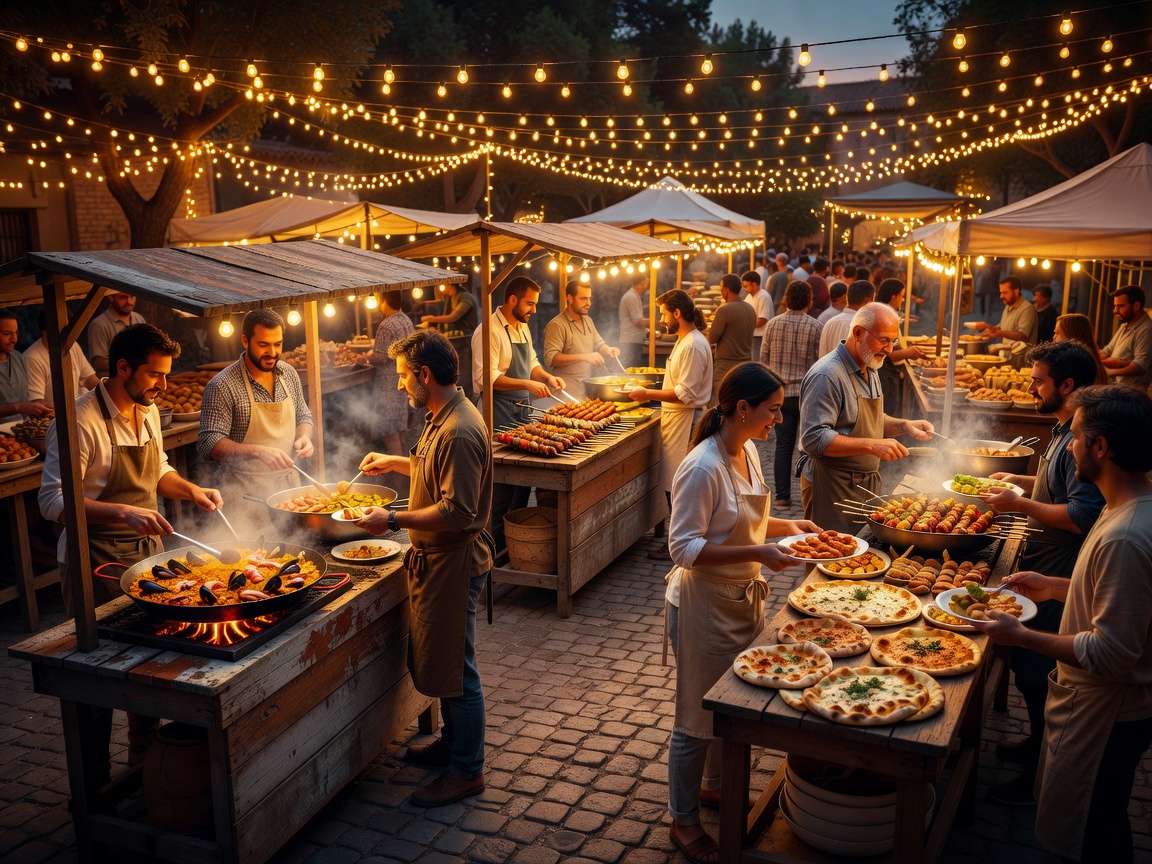 Outdoor artisanal food market banner depicting festival food stalls with glowing festoon lights