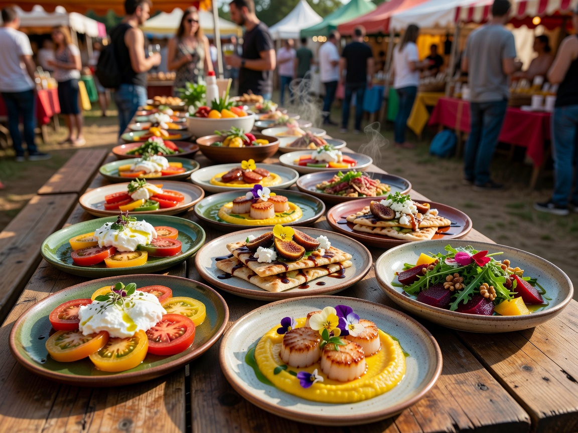 Flatlay of colorful organic festival food bowls and fresh ingredients