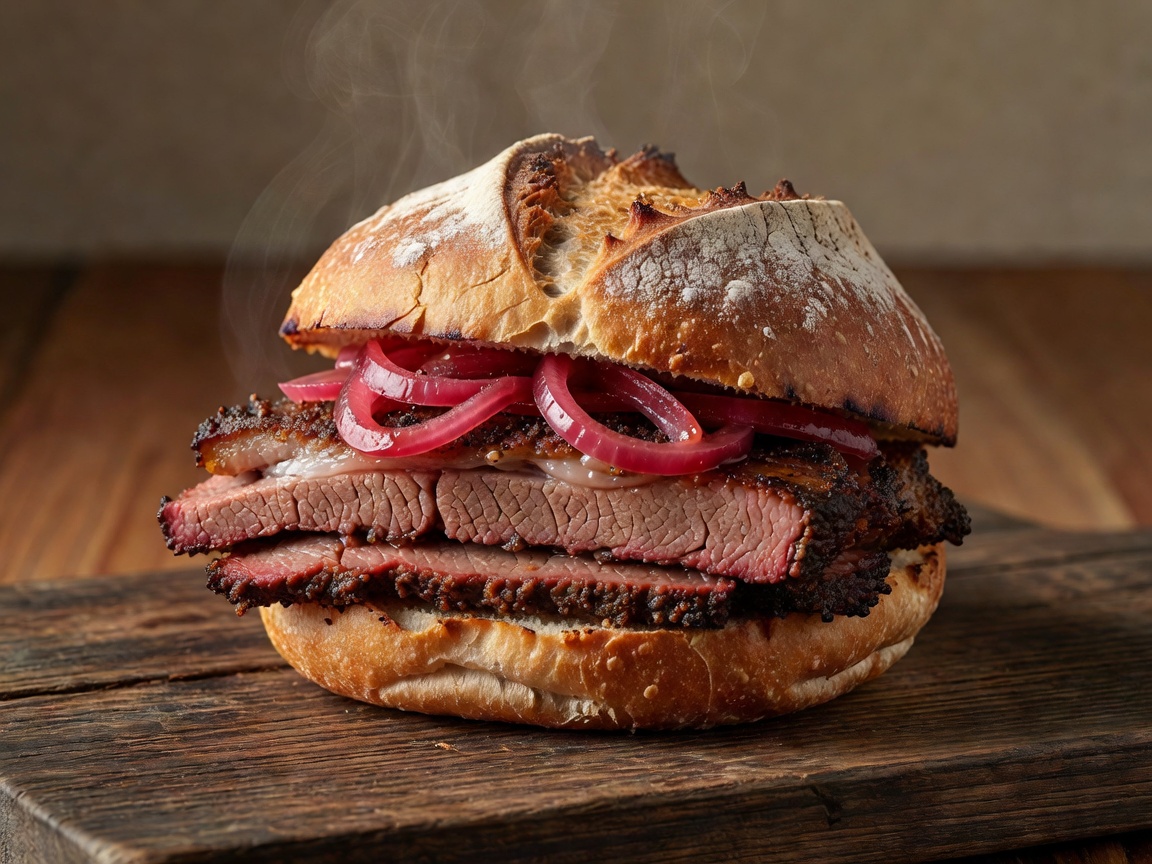 Smoked beef brisket served on artisanal sourdough bun with pickled red onions